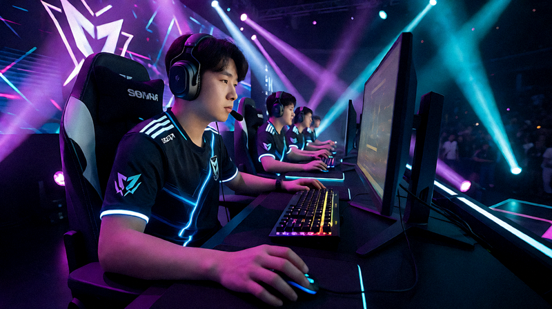 电竞赛事现场舞台灯光与选手比赛画面