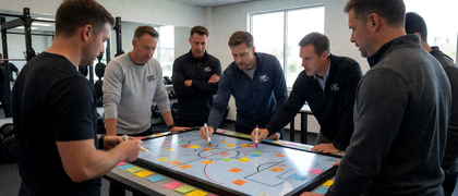 教练组在战术板上布置阵型与跑位路线